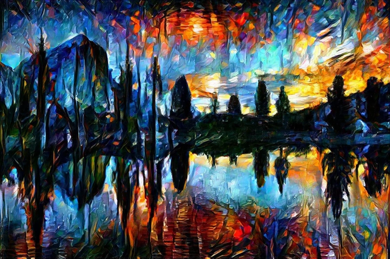 Abstract expressionist painting of a mountain lake at sunset with fiery reflections and dark tree silhouettes. | PrintPosters.in